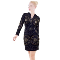 Fractal Gold Mandala Fractal Art Button Long Sleeve Dress by Simbadda