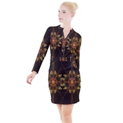 Fractal Floral Mandala Abstract Button Long Sleeve Dress by Simbadda