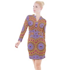 Geometric Flower Oriental Ornament Button Long Sleeve Dress by Simbadda