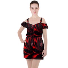 Red Black Abstract Curve Dark Flame Pattern Ruffle Cut Out Chiffon Playsuit by Nexatart