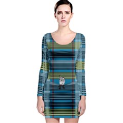 Playing With Plaid Kitten (blue) Pattern Long Sleeve Bodycon Dress by emilyzragz