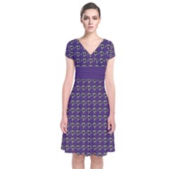 Luv Machine Robot Houndstooth Pattern Purple Short Sleeve Front Wrap Dress by emilyzragz
