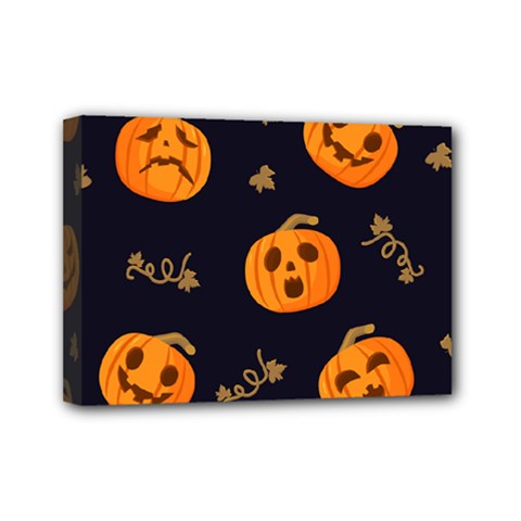 Funny Scary Black Orange Halloween Pumpkins Pattern Mini Canvas 7  X 5  (stretched) by HalloweenParty