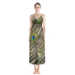 Peacock Feathers Color Plumage Green Button Up Chiffon Maxi Dress by Sapixe