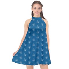 Quebec French Royal Fleur De Lys Elegant Pattern Blue Blue Quebec Fleur De Lys Pattern Blue Halter Neckline Chiffon Dress  by Quebec