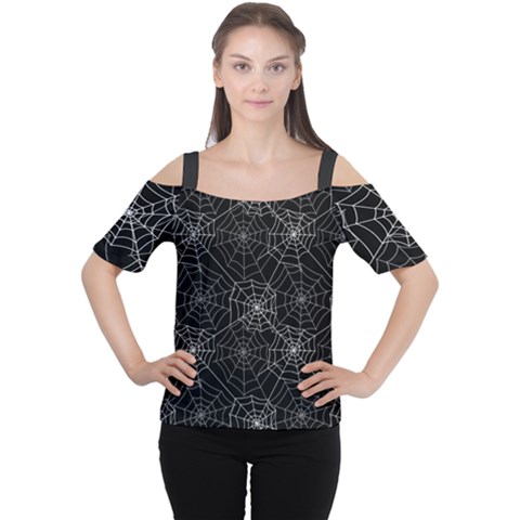 Pattern Spiderweb Halloween Gothic On Black Background Cutout Shoulder Tee by genx