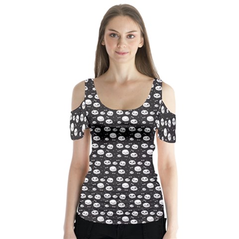 Pattern Skull Bones Halloween Gothic On Black Background Butterfly Sleeve Cutout Tee  by genx