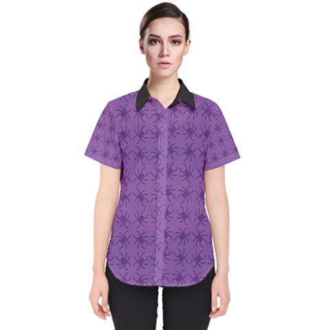 Pattern Spiders Purple And Black Halloween Gothic Modern Women s Short Sleeve Shirt by genx