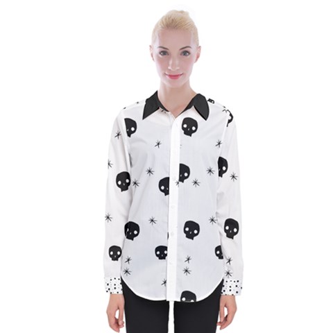 Pattern Skull Stars Handrawn Naive Halloween Gothic Black And White Womens Long Sleeve Shirt by genx