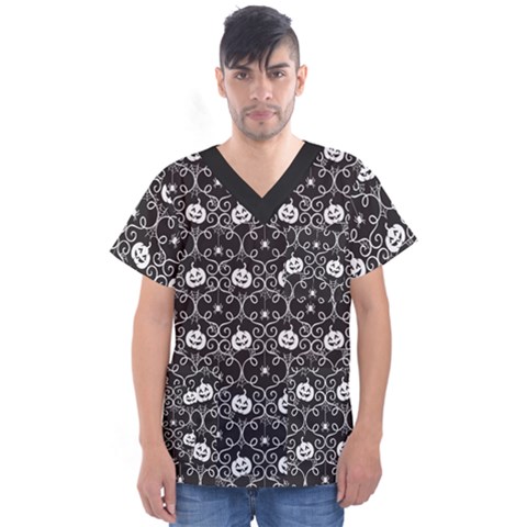 Pattern Pumpkin Spider Vintage Gothic Halloween Black And White Men s V-neck Scrub Top by genx