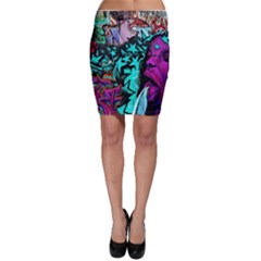 Graffiti Woman And Monsters Turquoise Cyan And Purple Bright Urban Art With Stars Bodycon Skirt by genx