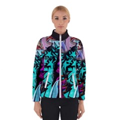 Graffiti Woman And Monsters Turquoise Cyan And Purple Bright Urban Art With Stars Winter Jacket by genx