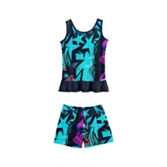 Graffiti Woman And Monsters Turquoise Cyan And Purple Bright Urban Art With Stars Kid s Boyleg Swimsuit by genx