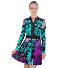 Graffiti Woman And Monsters Turquoise Cyan And Purple Bright Urban Art With Stars Long Sleeve Panel Dress by genx