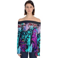 Graffiti Woman And Monsters Turquoise Cyan And Purple Bright Urban Art With Stars Off Shoulder Long Sleeve Top by genx