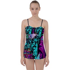 Graffiti Woman And Monsters Turquoise Cyan And Purple Bright Urban Art With Stars Babydoll Tankini Set by genx