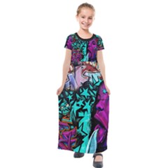 Graffiti Woman And Monsters Turquoise Cyan And Purple Bright Urban Art With Stars Kids  Short Sleeve Maxi Dress by genx