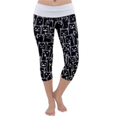 Funny Cat Pattern Organic Style Minimalist On Black Background Capri Yoga Leggings by genx