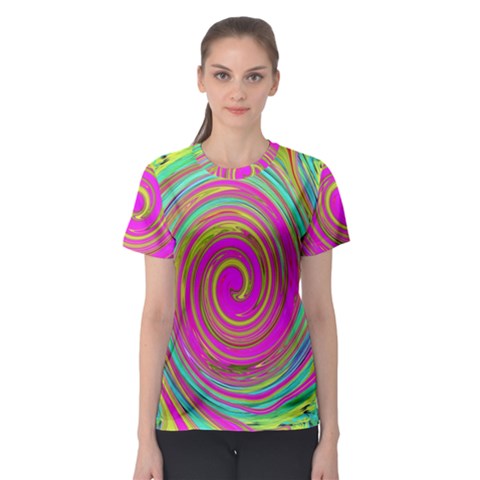 Groovy Abstract Pink, Turquoise And Yellow Swirl Women s Sport Mesh Tee by myrubiogarden