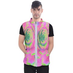 Lime Green And Pink Succulent Sedum Rosette Men s Puffer Vest by myrubiogarden