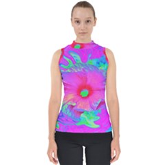 Psychedelic Pink And Red Hibiscus Flower Mock Neck Shell Top by myrubiogarden