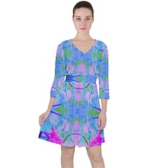 Pink And Purple Dahlia On Blue Pattern Ruffle Dress by myrubiogarden