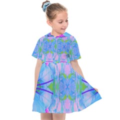 Pink And Purple Dahlia On Blue Pattern Kids  Sailor Dress by myrubiogarden