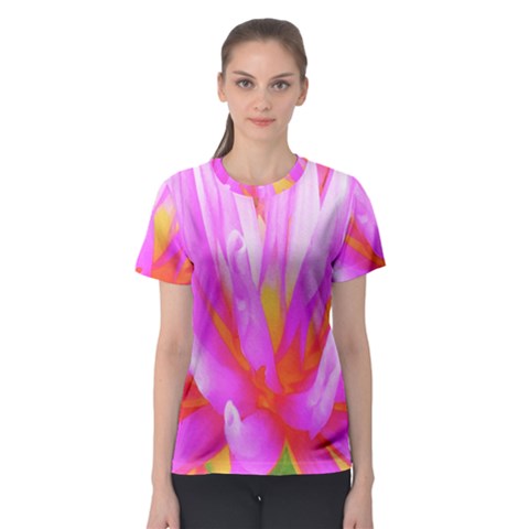 Fiery Hot Pink And Yellow Cactus Dahlia Flower Women s Sport Mesh Tee by myrubiogarden