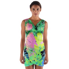 Fluorescent Yellow Smoke Tree With Pink Hydrangea Wrap Front Bodycon Dress by myrubiogarden