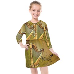 Wonderful Golden Harp On Vintage Background Kids  Quarter Sleeve Shirt Dress by FantasyWorld7