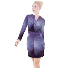 Orion Nebula Pastel Violet Purple Turquoise Blue Star Formation Button Long Sleeve Dress by genx