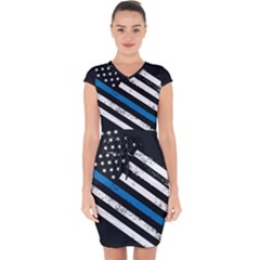 Usa Flag The Thin Blue Line I Back The Blue Usa Flag Grunge On Black Background Capsleeve Drawstring Dress  by snek