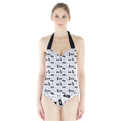 Tape Cassette 80s Retro Genx Pattern Black And White Halter Swimsuit by genx