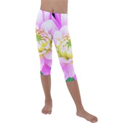 Pretty Pink, White And Yellow Cactus Dahlia Macro Kids  Lightweight Velour Capri Leggings  by myrubiogarden