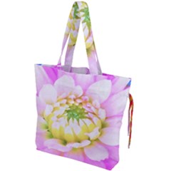 Pretty Pink, White And Yellow Cactus Dahlia Macro Drawstring Tote Bag by myrubiogarden