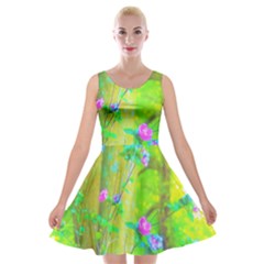 Hot Pink Abstract Rose Of Sharon On Bright Yellow Velvet Skater Dress by myrubiogarden