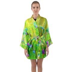 Hot Pink Abstract Rose Of Sharon On Bright Yellow Long Sleeve Kimono Robe by myrubiogarden