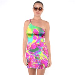 Psychedelic Succulent Sedum Turquoise And Yellow One Soulder Bodycon Dress by myrubiogarden