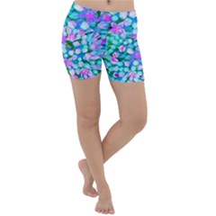 Blue And Hot Pink Succulent Sedum Flowers Detail Lightweight Velour Yoga Shorts by myrubiogarden