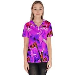 Abstract Ultra Violet Purple Iris On Red And Pink Women s V-neck Scrub Top by myrubiogarden