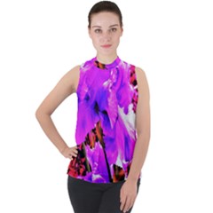 Abstract Ultra Violet Purple Iris On Red And Pink Sleeveless Top by myrubiogarden