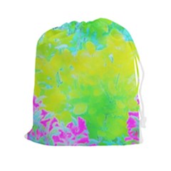 Fluorescent Yellow And Pink Abstract Garden Foliage Drawstring Pouch (xxl) by myrubiogarden