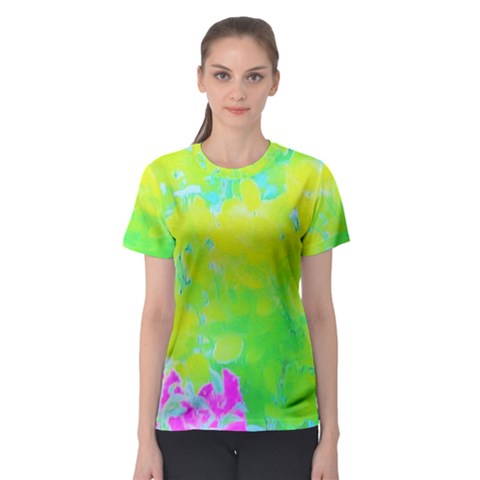 Fluorescent Yellow And Pink Abstract Garden Foliage Women s Sport Mesh Tee by myrubiogarden