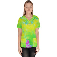 Fluorescent Yellow And Pink Abstract Garden Foliage Women s V-neck Scrub Top by myrubiogarden