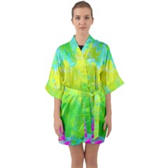 Fluorescent Yellow And Pink Abstract Garden Foliage Quarter Sleeve Kimono Robe by myrubiogarden