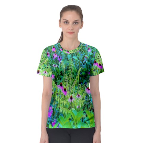 Purple Coneflower Garden With Tiger Eye Tree Women s Sport Mesh Tee by myrubiogarden