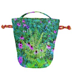 Purple Coneflower Garden With Tiger Eye Tree Drawstring Bucket Bag by myrubiogarden