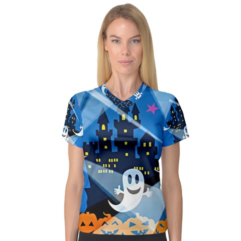 Halloween Ghosts Haunted House V-neck Sport Mesh Tee by Wegoenart