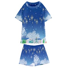 Snowflakes Snowy Landscape Reindeer Kids  Swim Tee And Shorts Set by Wegoenart