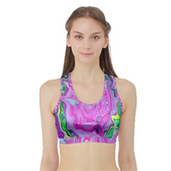 Groovy Pink, Blue And Green Abstract Liquid Art Sports Bra With Border by myrubiogarden